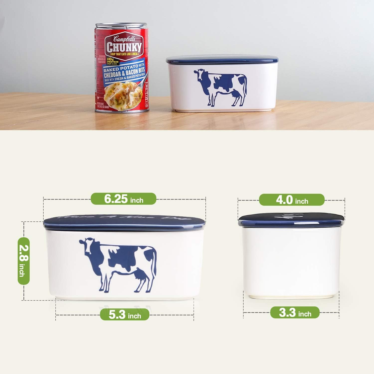 DOWAN Large Butter Dish - Sealed Cow Butter Container with Lid, Wide Porcelain Butter Holder Butter Case Perfect for 2 Sticks of Butter, Blue