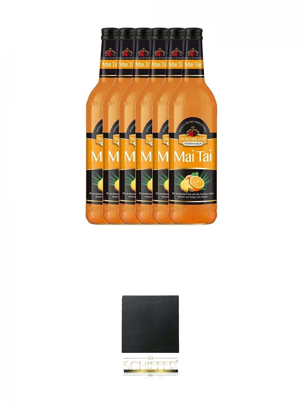 Nordbrand Mai Tai 15% 6 x 0,7 Liter + Schiefer Glasuntersetzer eckig ca. 9,5 cm Durchmesser