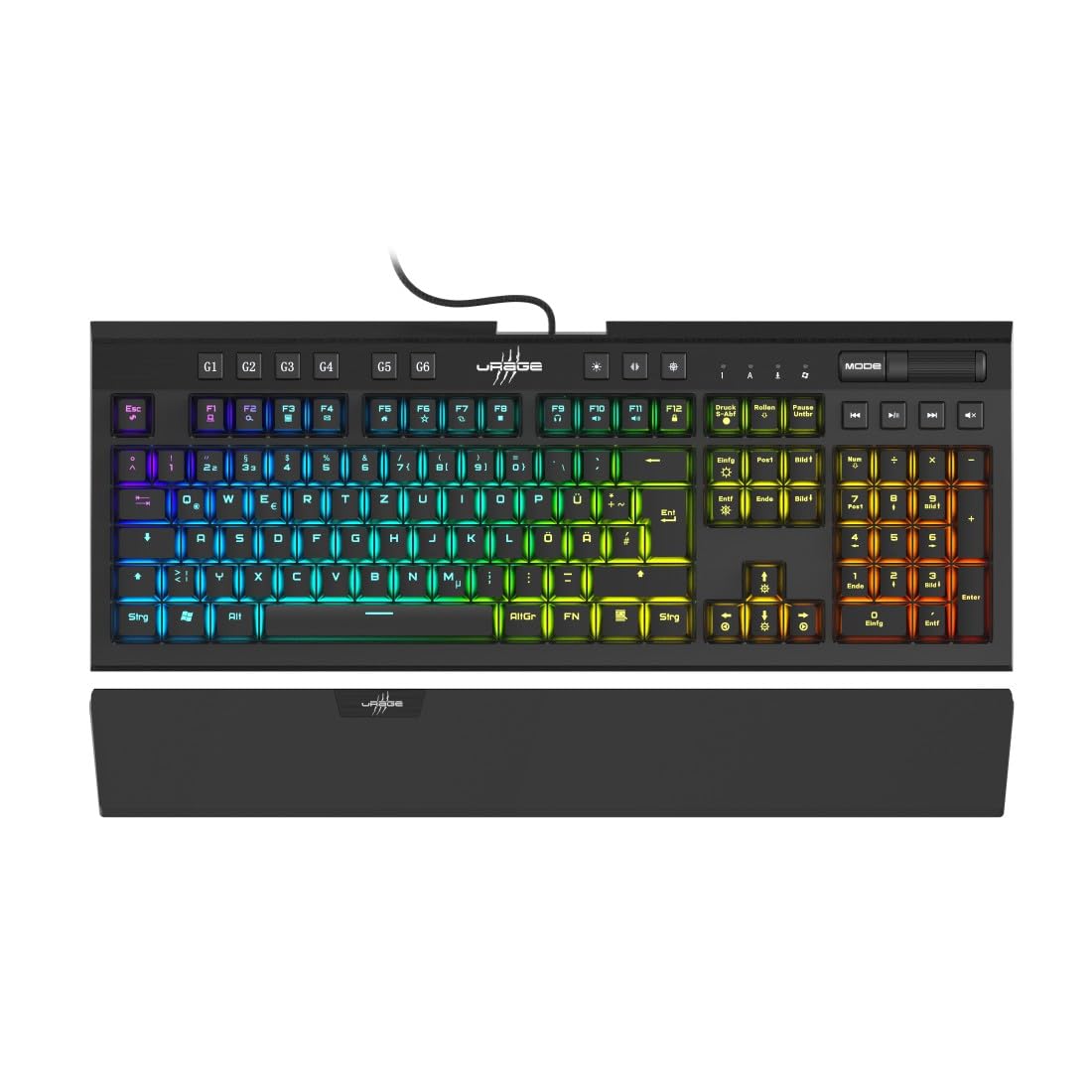uRage Gaming Tastatur "Exodus 900 Mechanical" QWERTZ (Gamer Keyboard, mechanisch, taktile Switches braun, lautlos, DE Layout, Anti-Ghosting, RGB beleuchtete Tasten, Handballenauflage, Kabel) schwarz