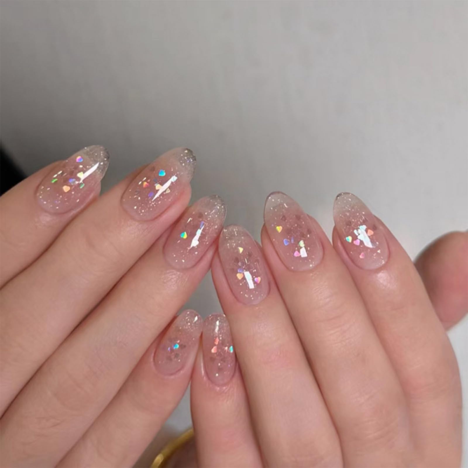24Pcs Pink False Nails Short, Short Almond Press on Nails, Pink Press on Nails with Sparkles