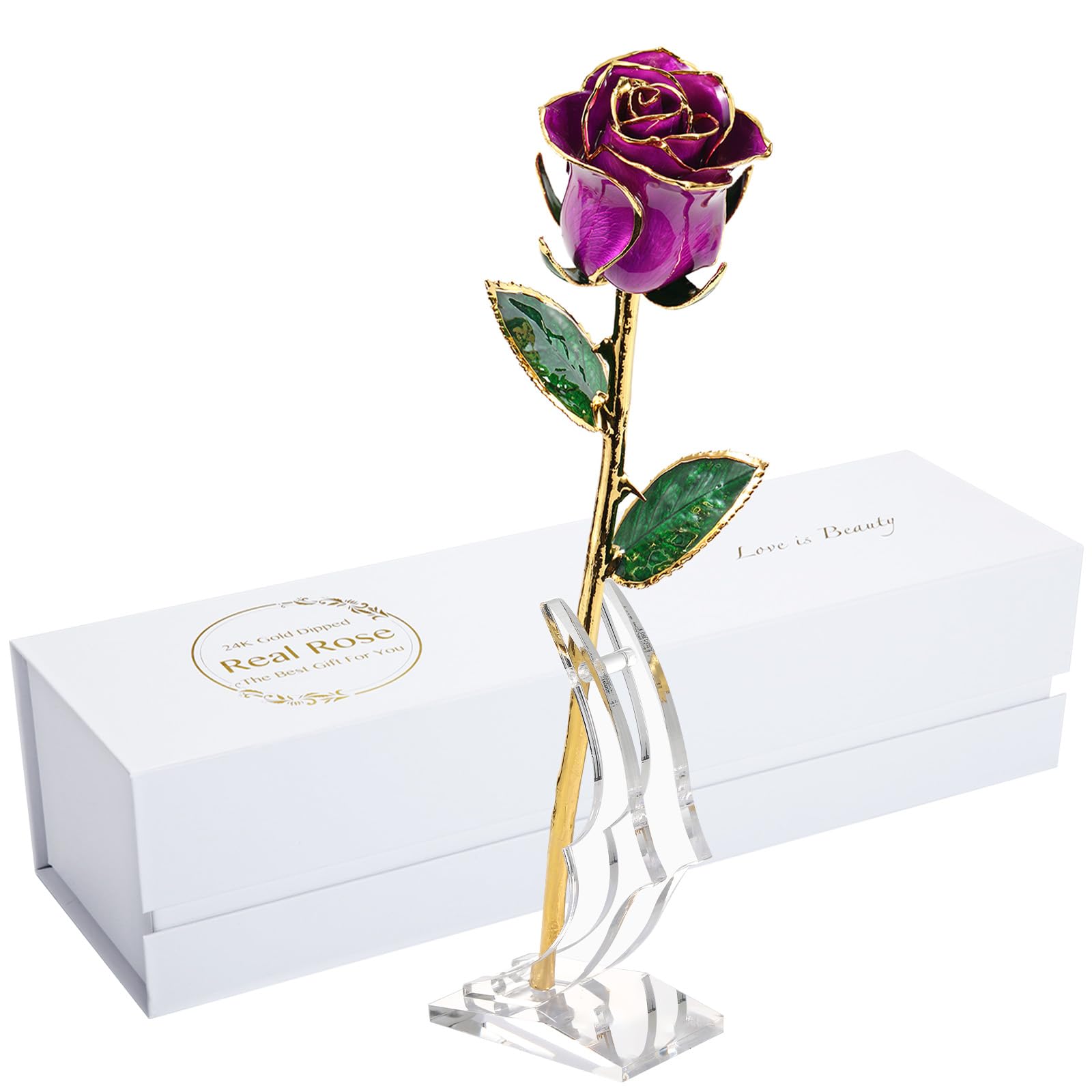Gold Rose, 24K Gold Dipped Real Rose is Attractive Luster and Natural Shape, Best Gifts for Anniversary Wedding Valentines Day (Purple Original Rose with Stand)
