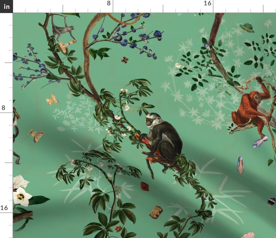 Spoonflower Fabric - Glam Chinoiserie Vintage Style Monkey Jungle Jade Green Cottagecore Printed on Petal Signature Cotton Fabric Fat Quarter - Sewing Quilting Apparel Crafts Decor
