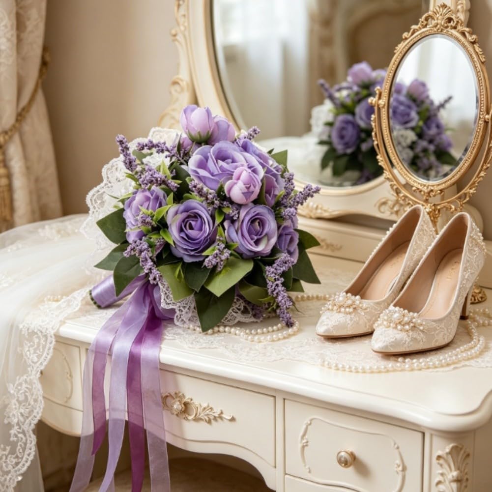 Bouquet di fiori artificiali per damigelle d'onore, rose in seta, design peonia, leggero, 22 cm, blu e viola (rosa)