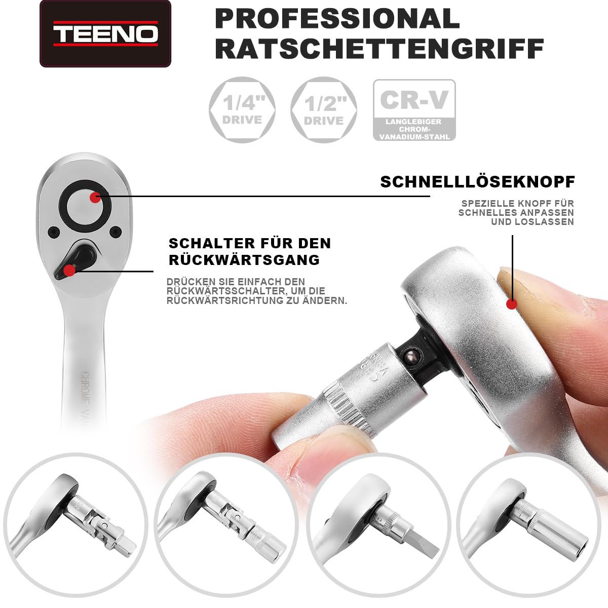 TEENO Steckschlüsselsatz 108 teilig, Knarrenkasten Ratschenkasten für Auto mit 1/4" und 1/2" Umschaltknarre (72 Zähne), Ratschen, Steckschlüssel, Bitsatz, Steckschlüsseleinsätze, Werkzeugkoffer