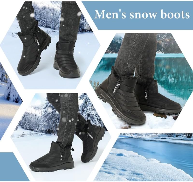 Hanani Mens Winter Snow Boots Fur Lined Warm Ankle Boots Zipper Closure Waterproof Outdoor Boots Men's Lightweight Comfortable Shoes - Image 7