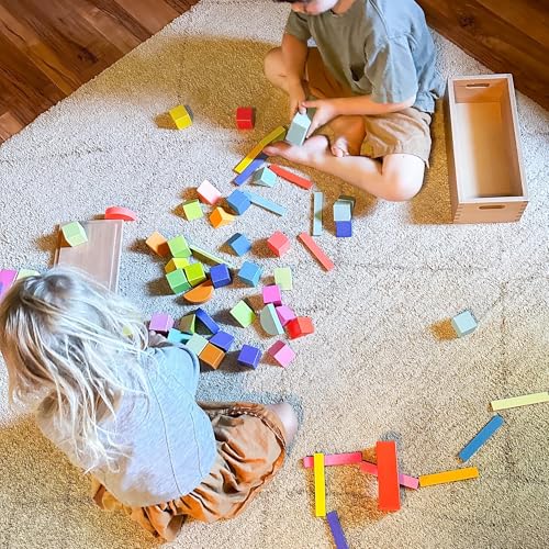 Image of Quiggly Montessori Wooden Rainbow Building Blocks - 68 Pc STEM Toy Set | Storage box with carry handles, ages 12-48 months