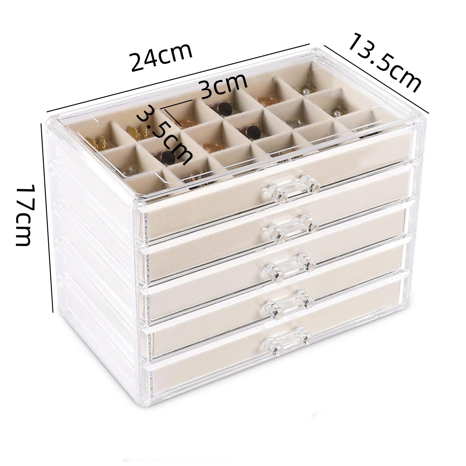 Joyero acrílico para mujer con 5 cajones, organizador de joyas con bandeja de terciopelo, estuche para guardar collares, anillos, pendientes y pulseras (Beige, 5 Drawers)