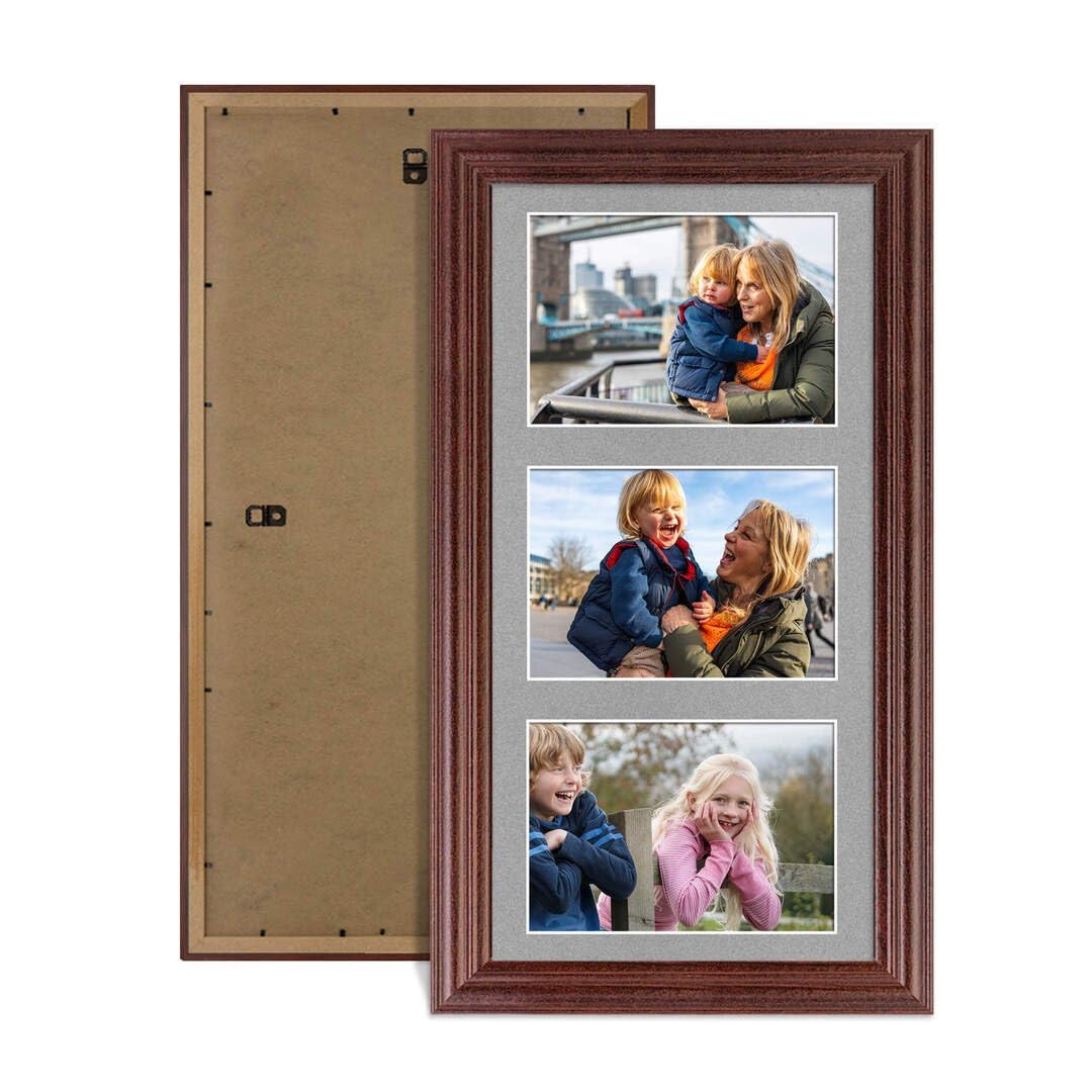 Procut Global 40X20CM Rose Wood Photo Frames For Multiple Pictures with Silver Mount-Classic Collage Frame with 3 Apertures (3x) 6X4-Engineered Wood with Shatterproof Perspex