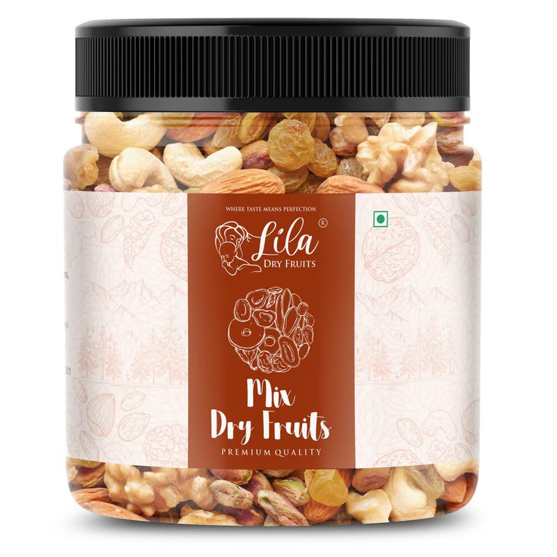 Image of LILA DRY FRUITS Natural Premium Dry Fruits Mix(Cashew, Almonds, Figs, Walnut 8 pcs, Black and Golden Raisins) 100g Jar Pack | Badam Giri, Kaju, Black & Golden Kishmish, Anjeer, Akhrot
