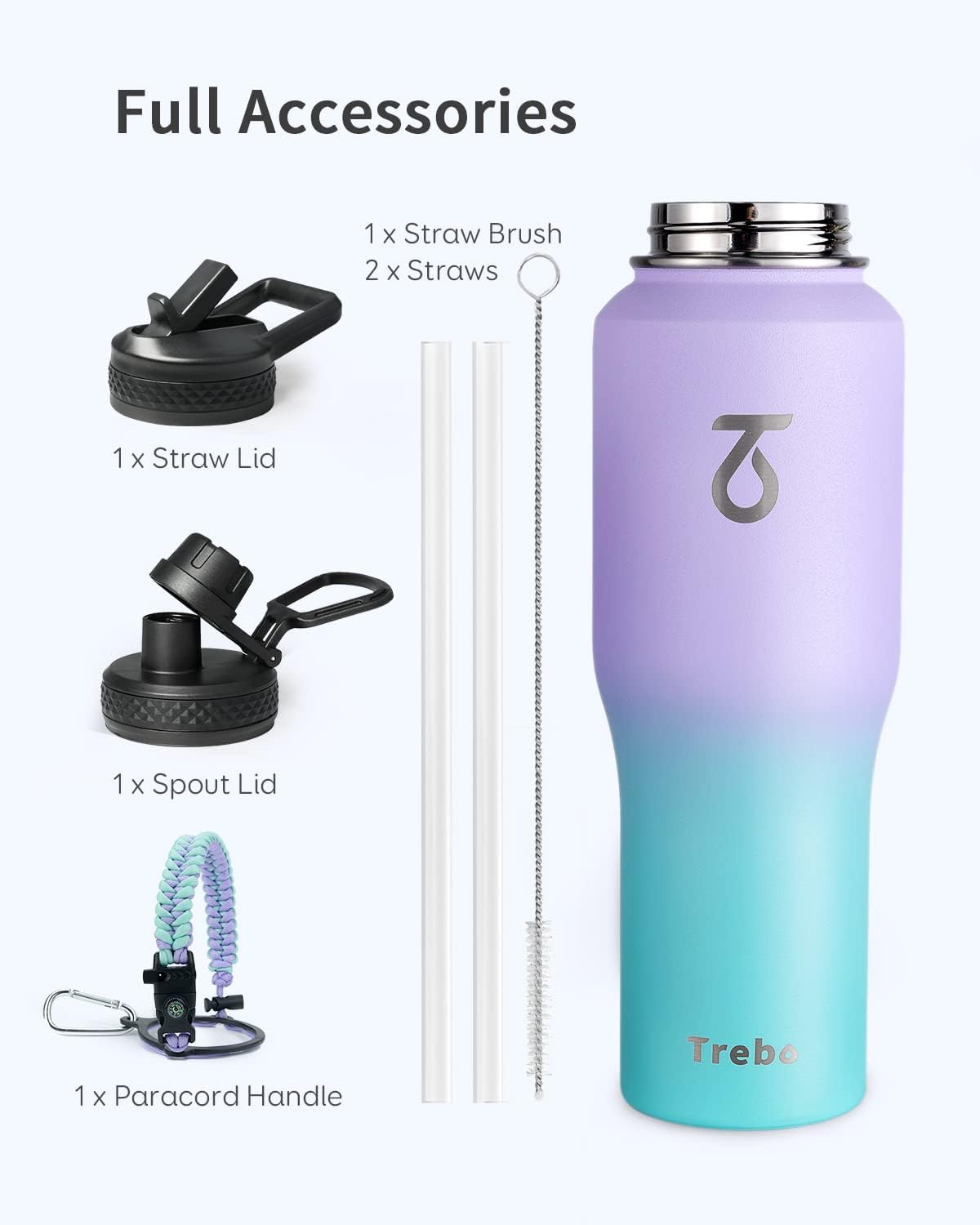 Trebo 32oz Insulated Water Bottle that Fits in Cup Holder, Stainless Steel Double Wall Tumbler Bottles with Paracord Handle, Flask with Straw Spout Lids, Keep Cold for 48 Hrs/Hot 24 Hrs,Cotton Candy - Image 7