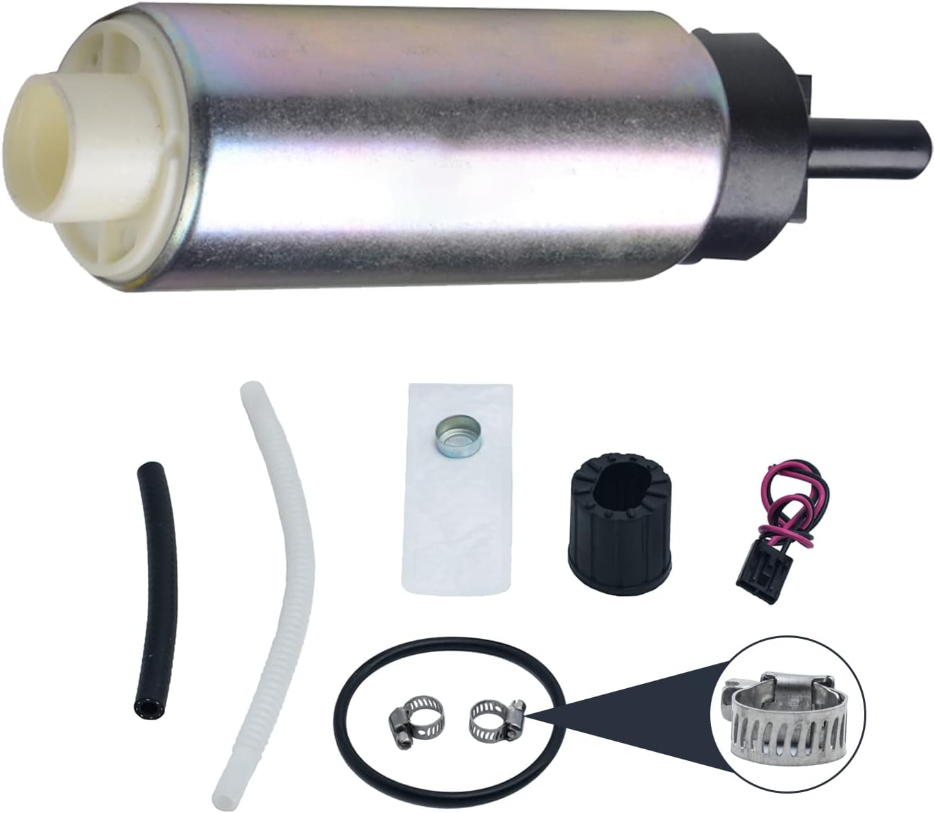 New 255LPH High Performance Racing Electric Gas Intank EFI Fuel Pump With Strainer/Filter+Tank Seal+Flex Hose+Rubber Base/Hose+Clamps+Universal Wire/Plug Pigtail Connector F20000169