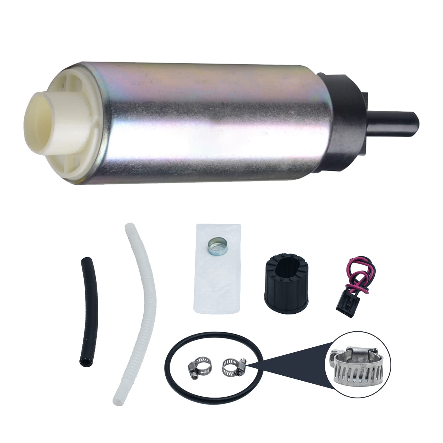 PLDDENew 255LPH High Performance Racing Electric Gas Intank EFI Fuel Pump With Strainer/Filter+Tank Seal+Flex Hose+Rubber Base/Hose+Clamps+Universal Wire/Plug Pigtail Connector F20000169