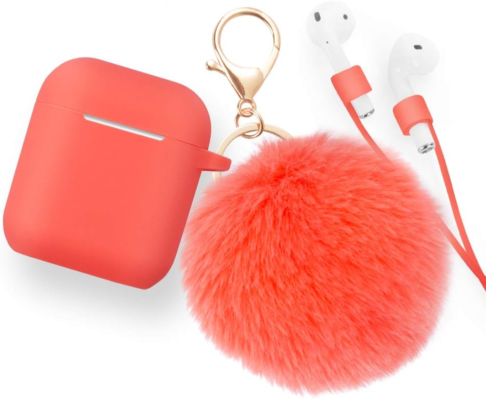 Case for Airpods Case - Cammate AirPods Case Cover Silicone Skin Protective Airpods Accessories for Apple Airpods Charging Case with Anti-lost Strap,Fur Ball Keychain,Living Coral(Front LED Visible)