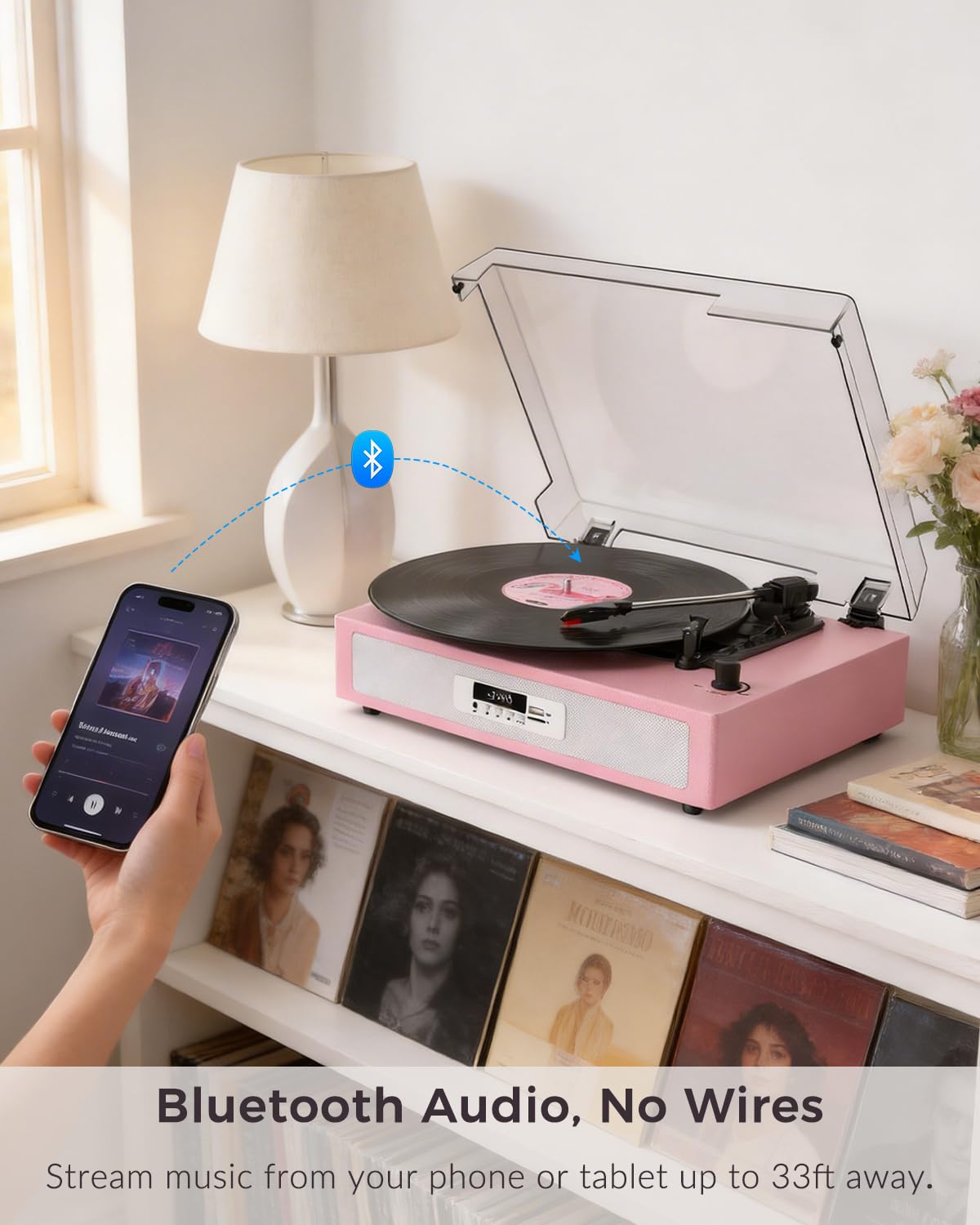 Giradischi in vinile con doppio altoparlante stereo integrato, giradischi vintage a 3 velocità, giradischi Bluetooth con modalità audio EQ, registrazione e riproduzione USB/TF, display LED