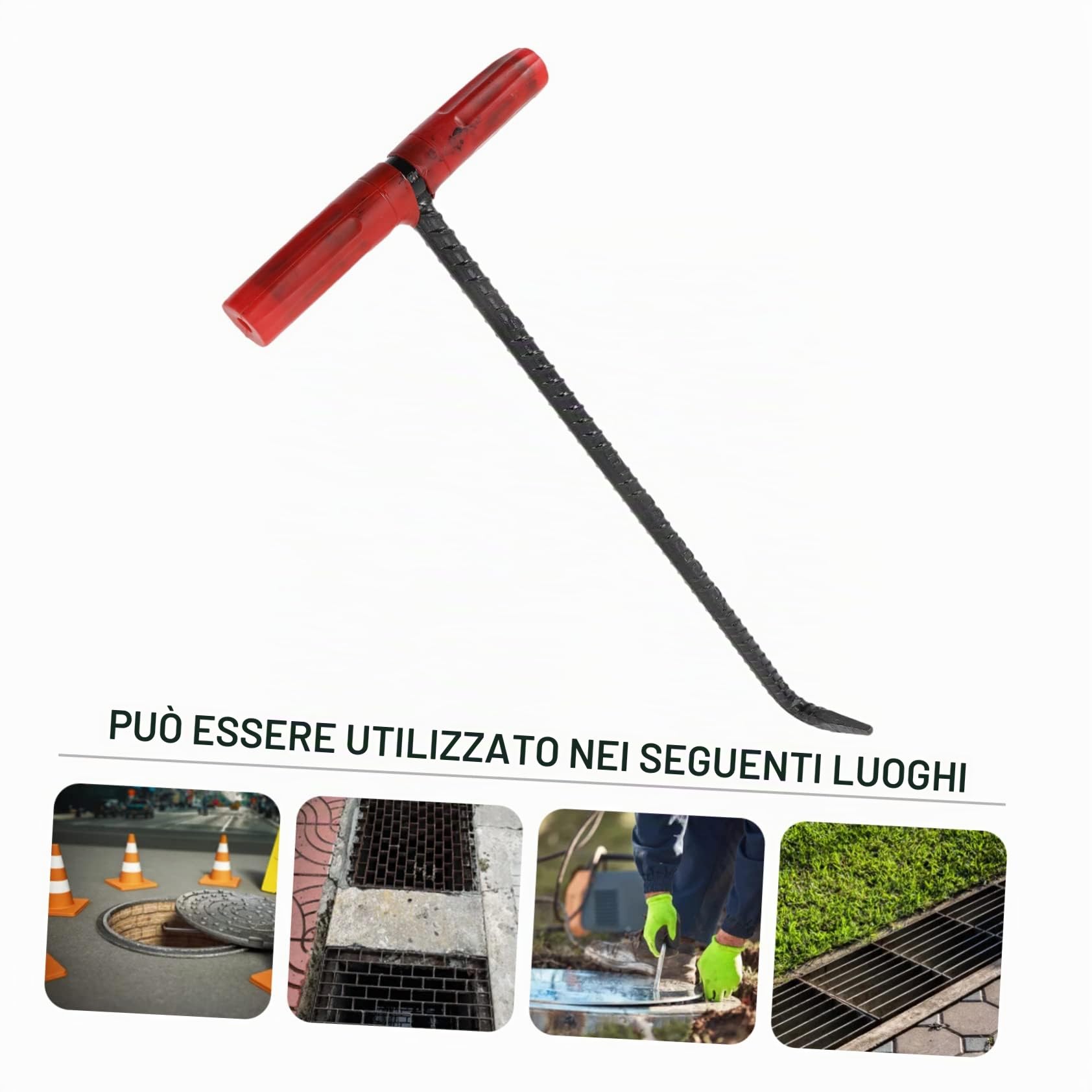 Chiave Gancio a T per Tombino in Ghisa Manico Spesso in Acciaio per Sollevamento Facile e Presa Confortevole per Aprire e Sollevare Chiusini e Pozzetti