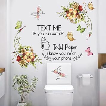 Wall Decals Toilet Theme PVC Wall Sticker Toilet Paper Pattern Vinyl Wall Art Wall Decal Text Me If You Run Out of Toilet Paper Warm Reminder Words Wall Decor for Toilet Tips Home Decor. Color1