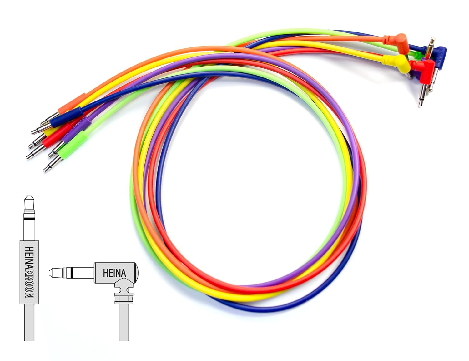 Heinakroon 3.5mm Low-Profile Angled/Straight Multi-Colored CV Patch Cables - NOT for Guitars - Eurorack Modular Patch Leads, 6-Pack (23.6")