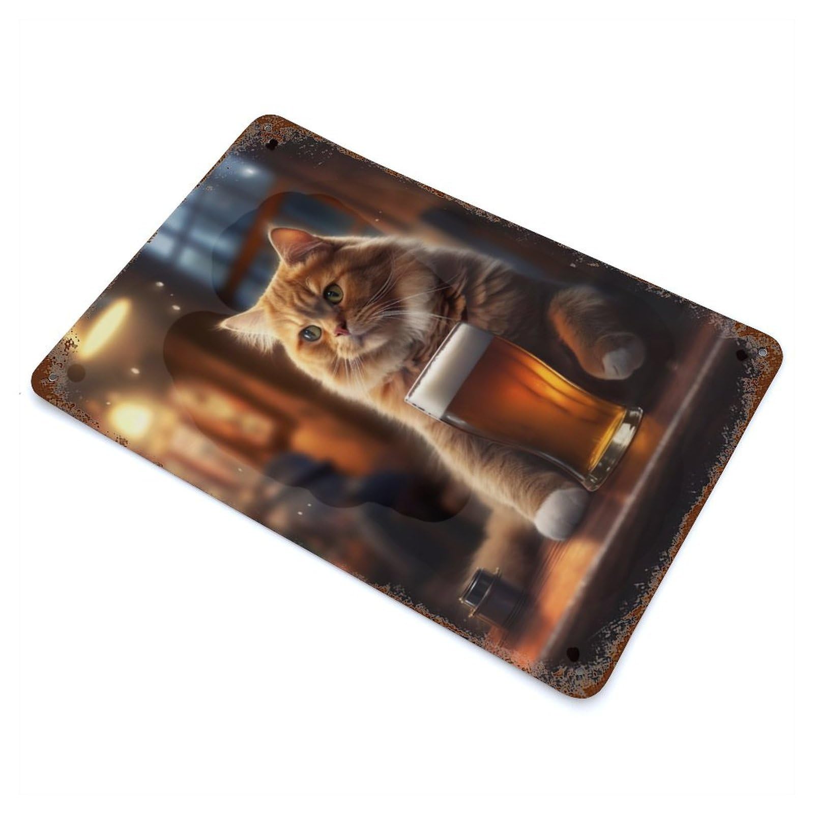 Cat Pub Beer Rustic Tin Plaque 11.8"x7.9", Novelty Wall Decor for Garage, Pub Or Kitchen