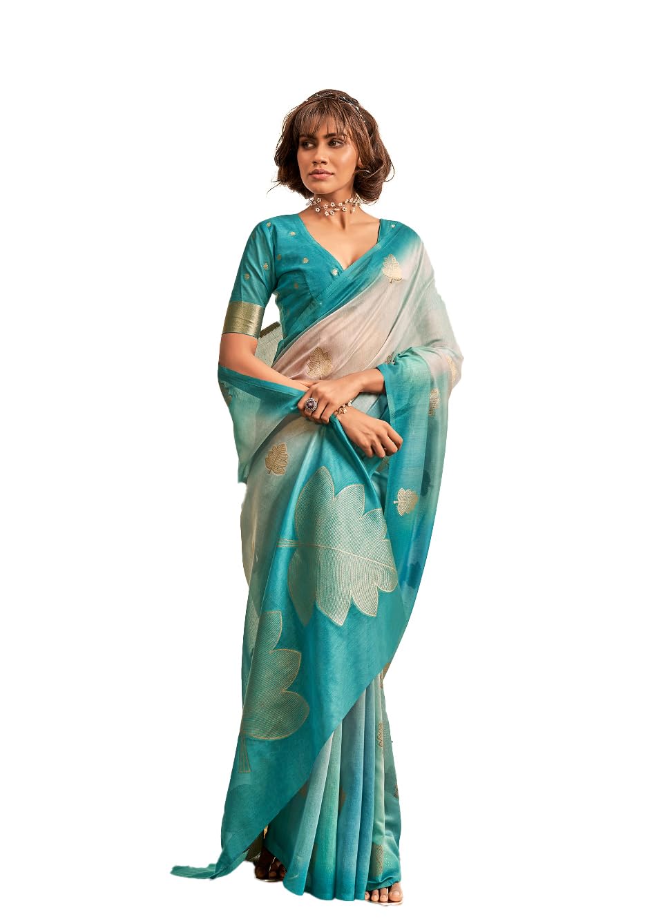 NK Textiles Women's Leaf Zari Woven Design with Ombre Print Khadi Silk Saree with Blouse (6 COLORS)