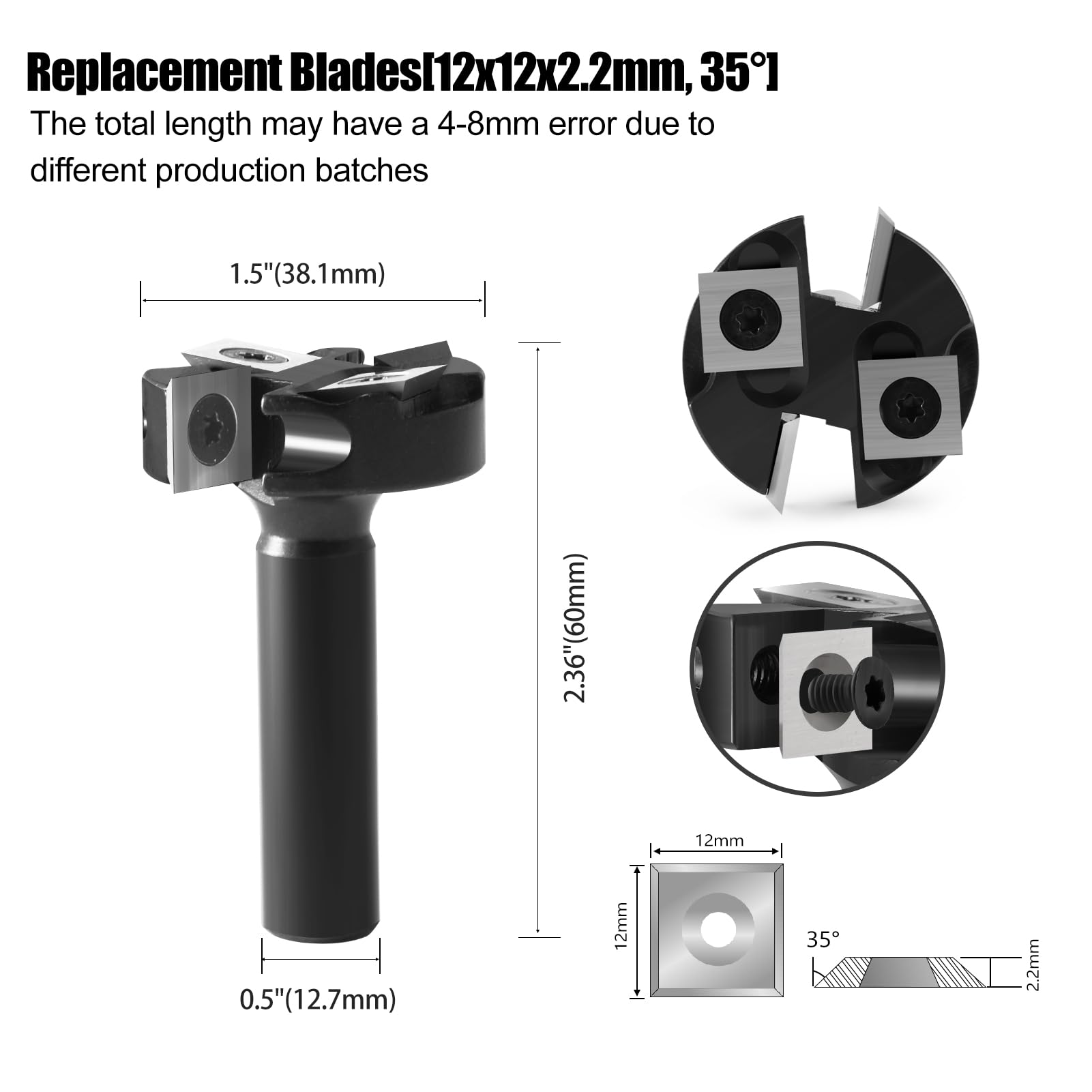 Punta per fresatrice CNC per superfici con codolo da 1/2", diametro di taglio 3,8 cm, 2+2 scanalature, inserti in carburo per pialla in legno di carburo, con 10 inserti indicizzabili (12 x 12