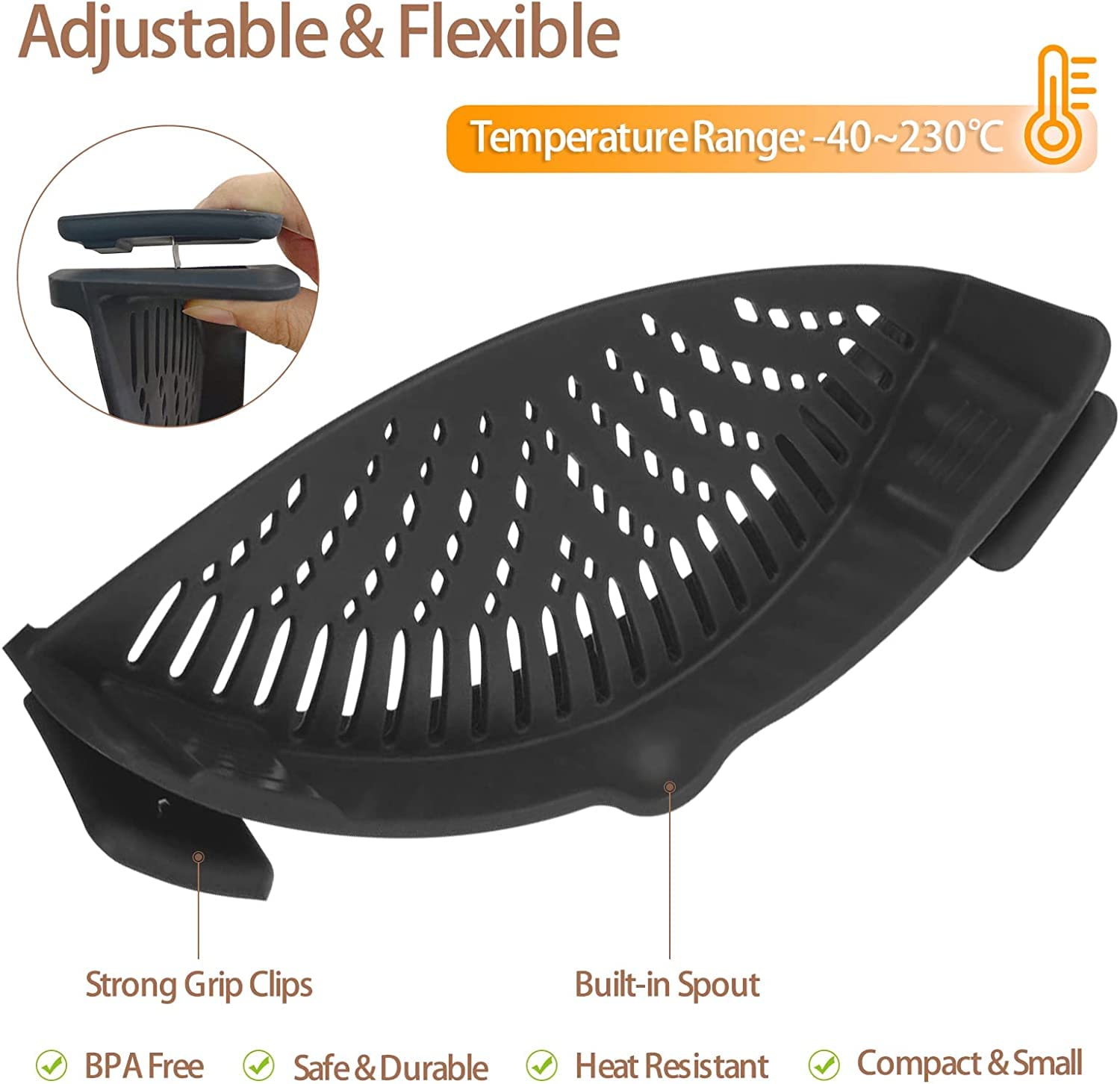 Clip on Strainer for Pots Pans,Heat Resistant Silicone, Easy to Use and Store - Image 2