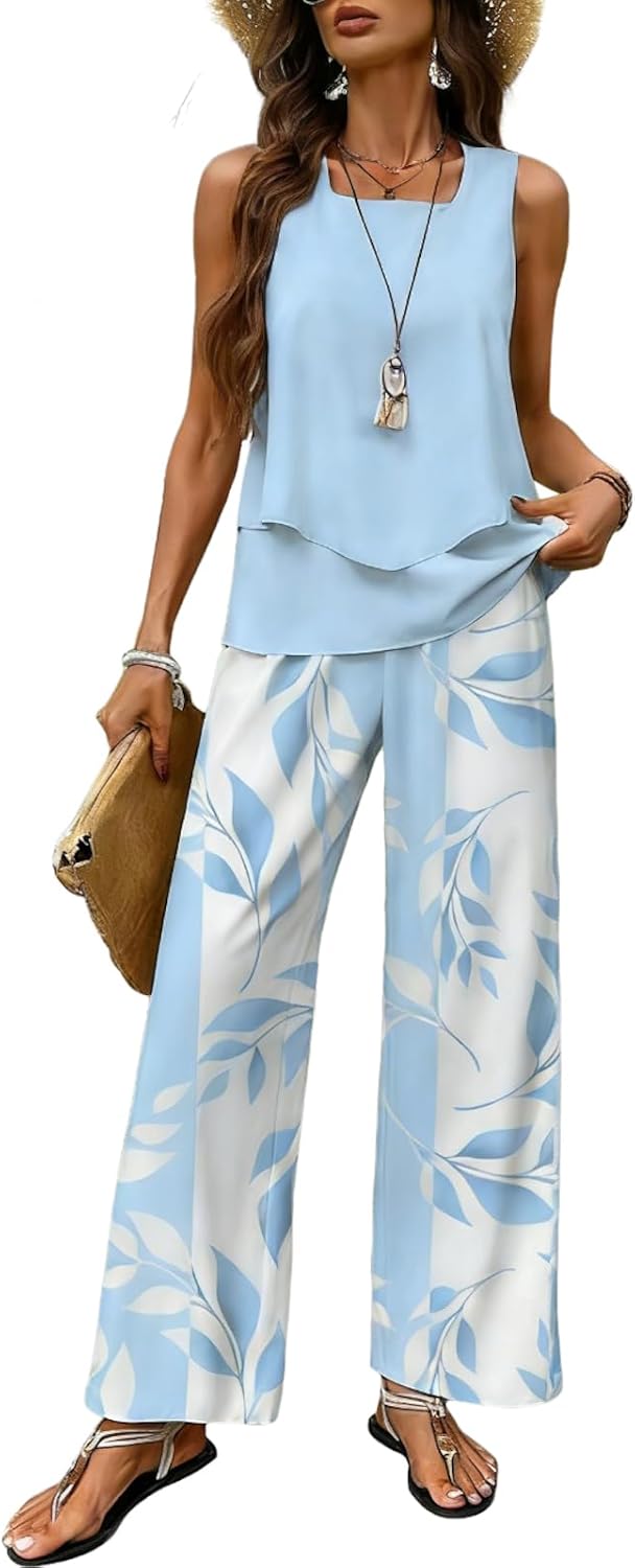 2 Piece Sets for Women Sleeveless Tiered Vest Top and Solid Wide Leg Long Pants Travel Outfits Lounge Set