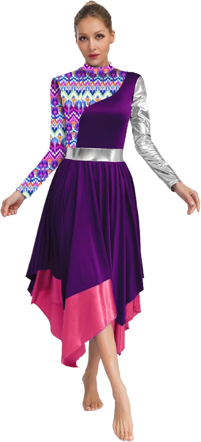 Shinsto Women's Praise Dance Dress Irregular Flowy Skirt Long Sleeve Worship Liturgical Lyrical Dance Costume