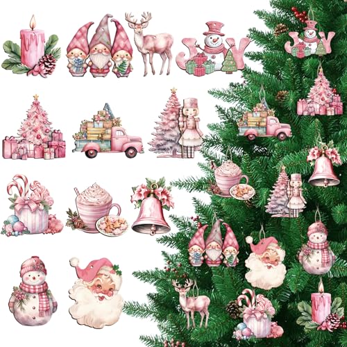 36Pcs Pink Christmas Tree Hanging Ornaments, Wooden Christmas Ornaments for