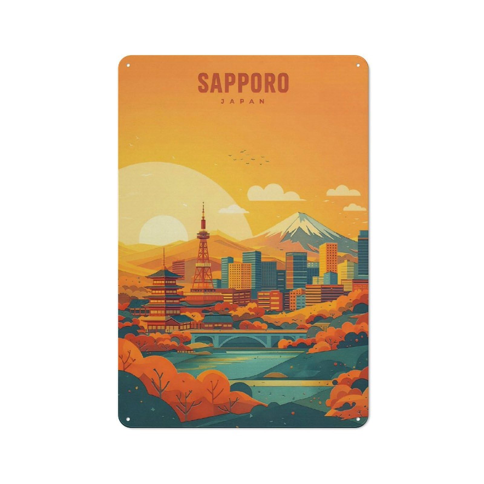 Junmoney Style-3 Sapporo Cityscape At Sunset Vintage Tin Sign 30X20cm For Café Or Restaurant, For Café Owners And Decorators, For Retro Home Interiors
