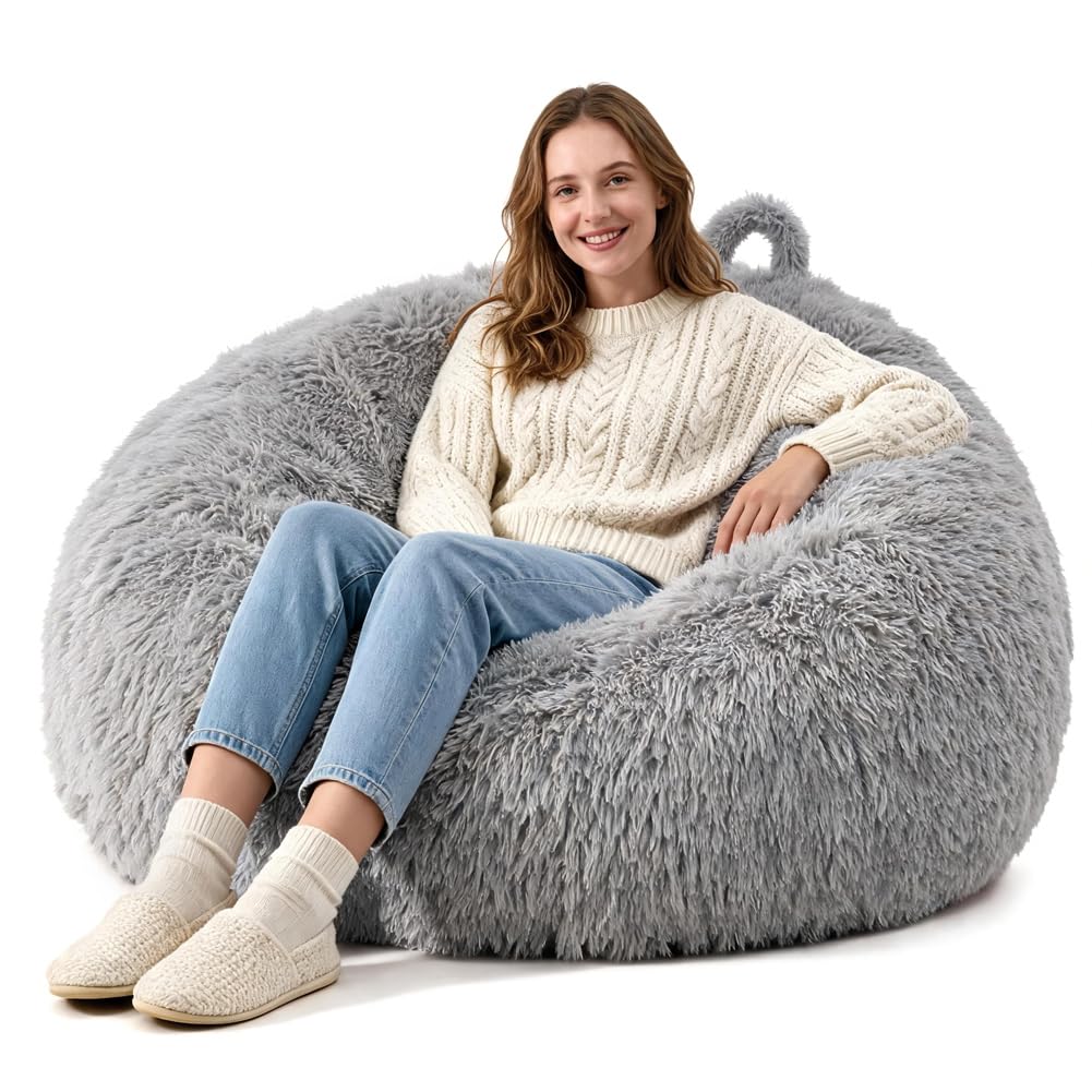 Umllpet Flauschiger Sitzsackbezug (ohne Füllung), Sitzsackstuhl Kuscheltier Speicher für Wohnzimmer Sitzsackbezug, Flauschiger Langhaar-Kunstfell Sitzsack Sofa-Stofftiere (Hellgrau)