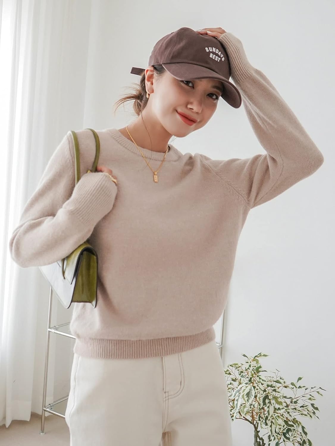 Women's Sweater Solid Crew Neck Sweater Sweater for Women (Color : Apricot, Size : Medium)