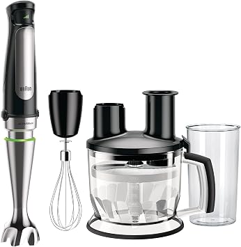 Braun MultiQuick 7 MQ 7075X el blenderi, ActiveBlade teknolojisine sahip çıkarılabilir paslanmaz çelik blender ayağına sahip el blenderi, 3 parçalı aksesuar seti dahil, 1000 watt, siyah