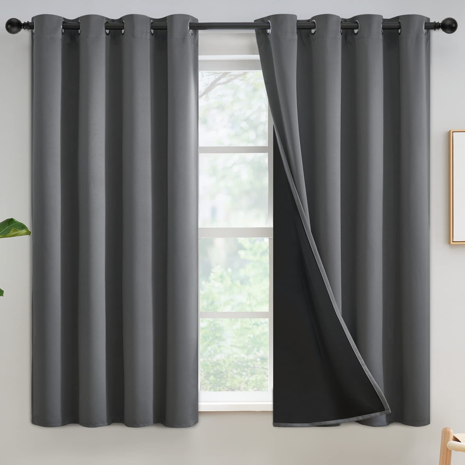 Yakamok Total Light Blocking Curtains for Bedroom 54 Inch Length,Full Light Blocking Drapes with Black Backing,Soft Thermal Insulated Solid Grommet