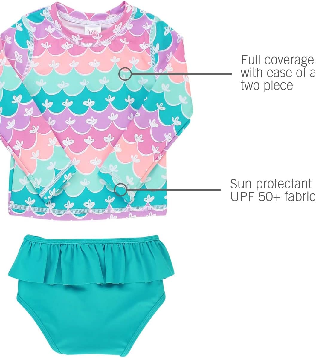 RuffleButts Baby/Toddler Girls Skirted Long Sleeve Rash Guard Bikini UPF50+ Sun Protected Swimsuit - Image 2