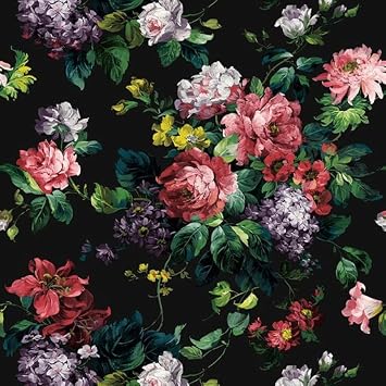Wallquest Wallpaper Painterly Floral Bouquet Bright Flowers on Black Background, 60 Sq Foot Bolts