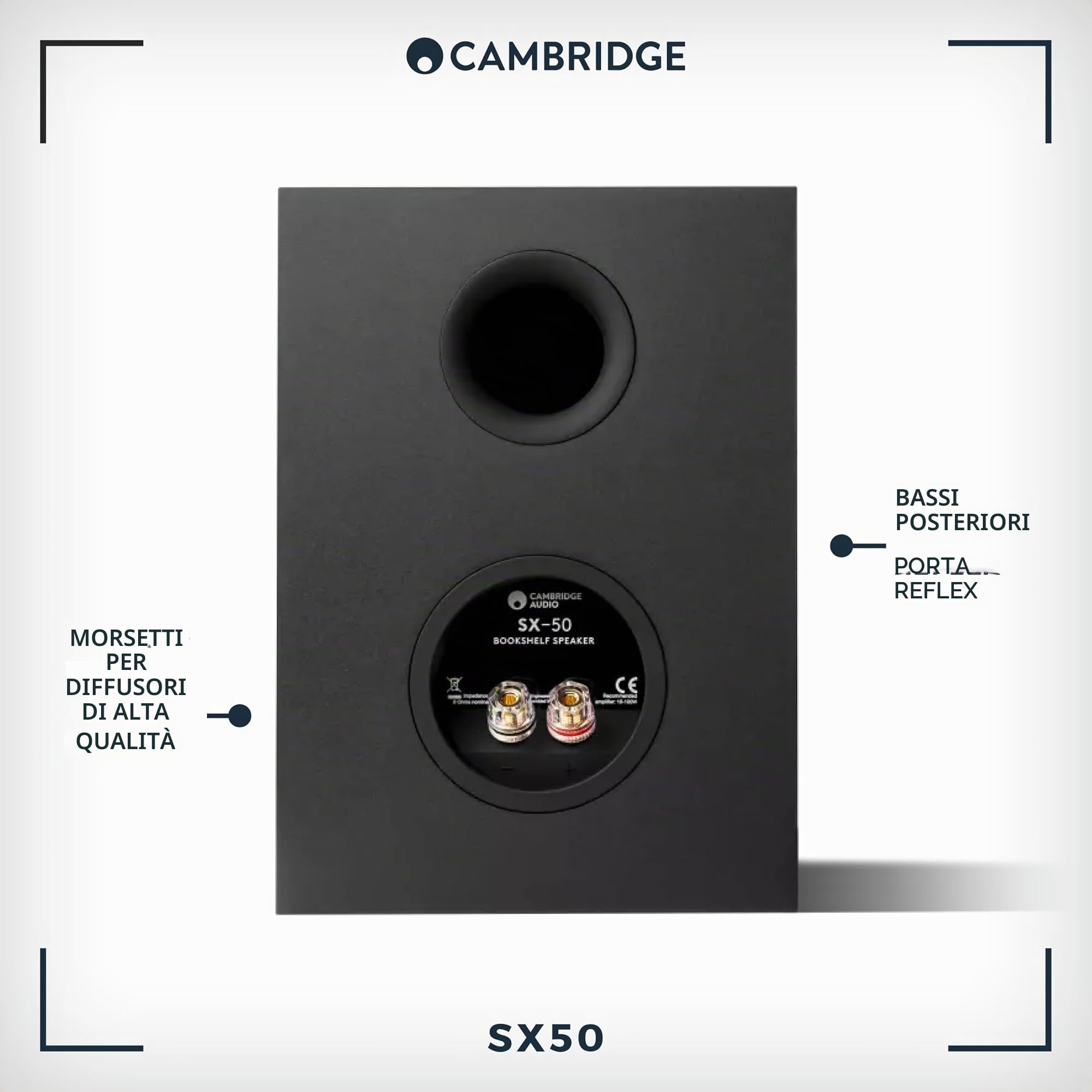 Cambridge Audio SX50 - Coppia di altoparlanti da scaffale passivi compatti cablati per impianto HiFi o Home Cinema, ottimizzati per una risposta in frequenza fluida e uniforme, colore: Nero opaco