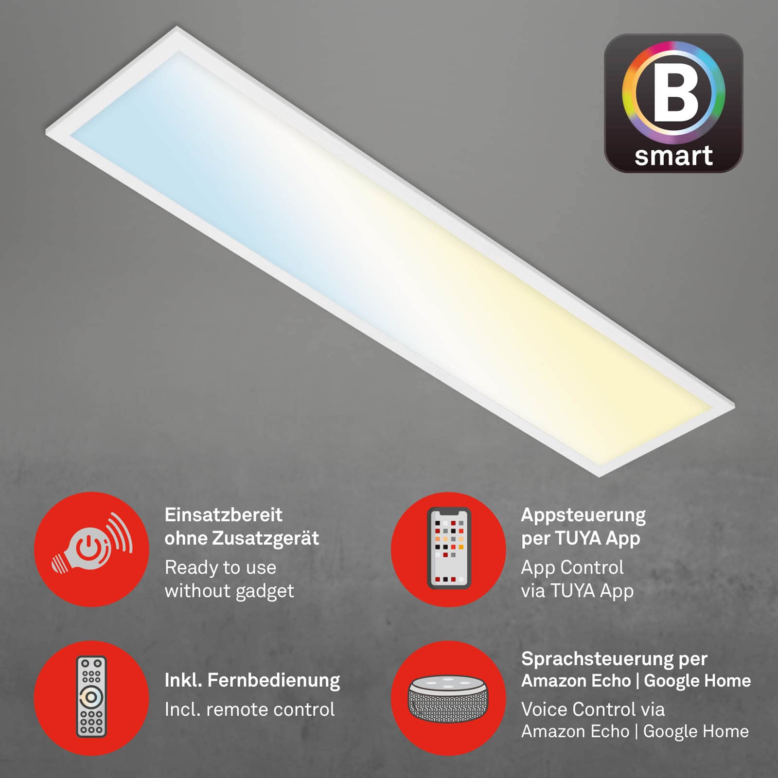 Briloner - Lampada da soffitto Smart LED, lampada da soffitto Wifi Ultra Flat, CCT, dimmerabile, controllo vocale, bianco, 1000x250x66 mm