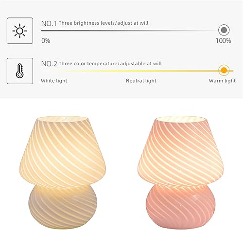 Miniatura 3 de FROATS Lámpara de mesa de noche de hongo lámparas de noche de cristal translúcidas vintage a rayas pequeñas lámpara de escritorio de remolino para