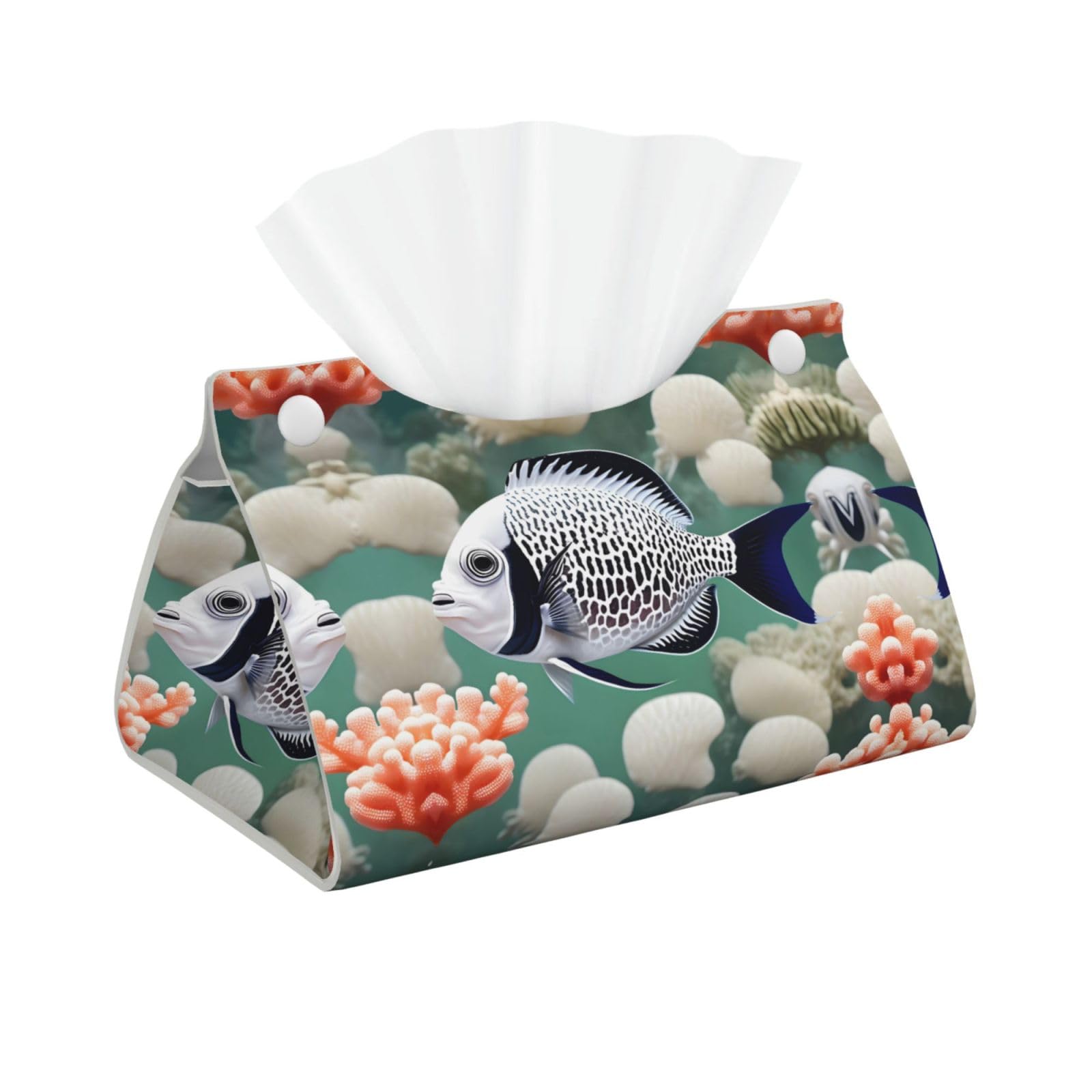 White Tropical Fish Print Long Tissue Box Cover Holder Foldable Leather Organizer for Vanity, Nightstand, Desk & Bathroom