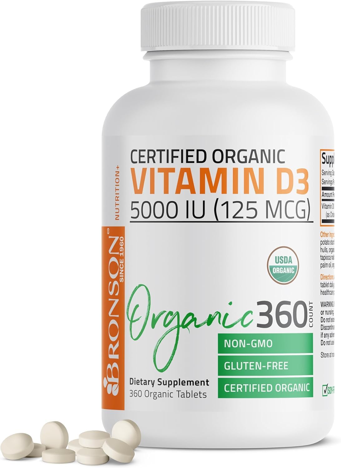 Bronson Vitamin D3 5,000 IU (125 mcg), USDA Certified Organic, 360 Tablets 360 Count (Pack of 1)