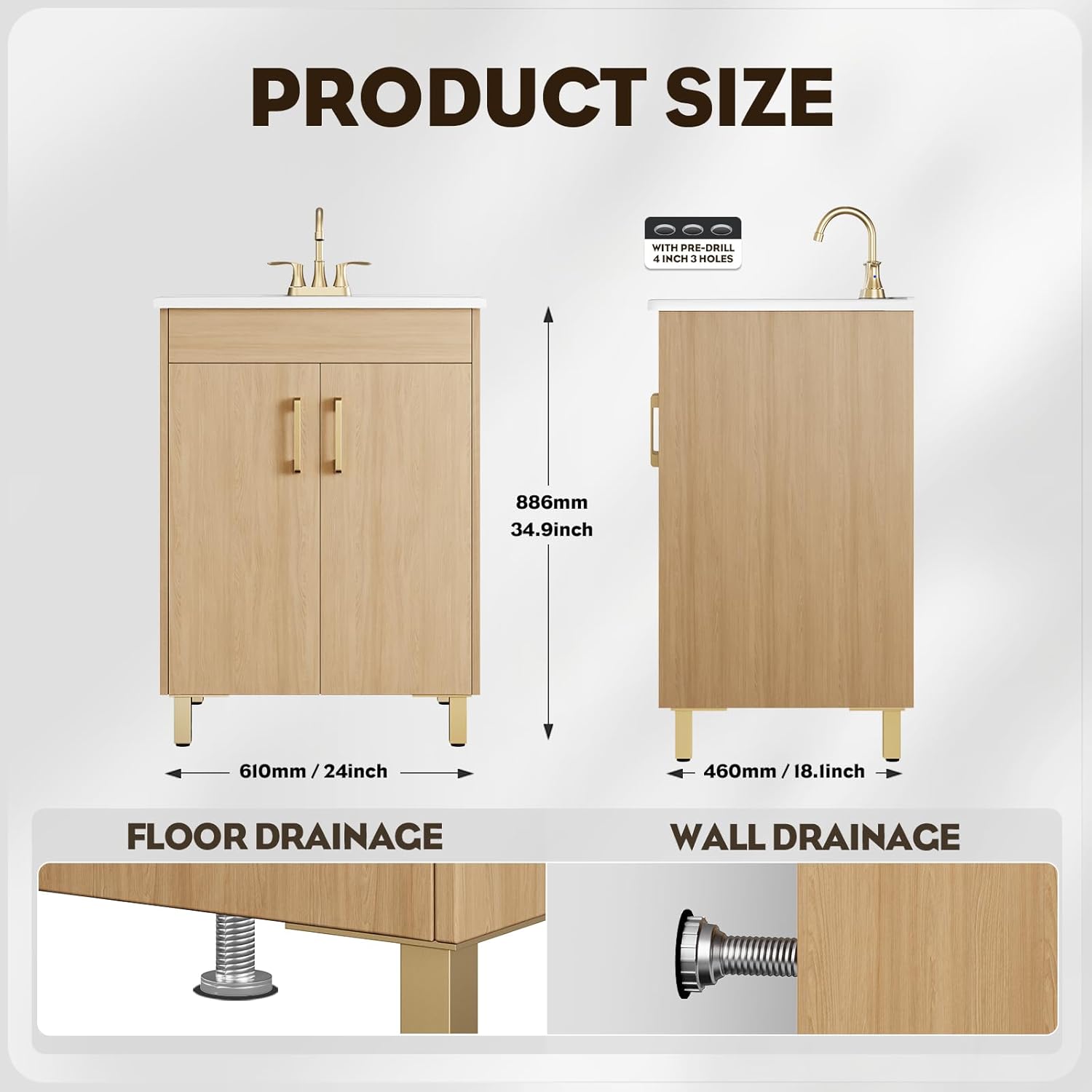 phiestina 24 Inch Fully Pre-Assembled Oak Bathroom Vanity, Freestanding Bathroom Vanity with Ceramic Sink, 2 Soft Close Doors, Durable Storage Cabinet, Faucet Not Included, BV01-Oak-JH