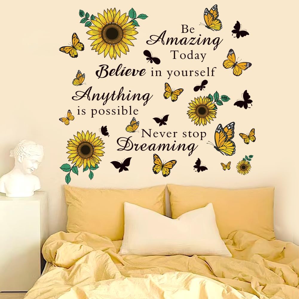 Inspirational Quote Sunflower Wall Stickers - Removable Positive Saying Peel and Stick for Classroom, Home, Bedroom, Office Wall Art Decor