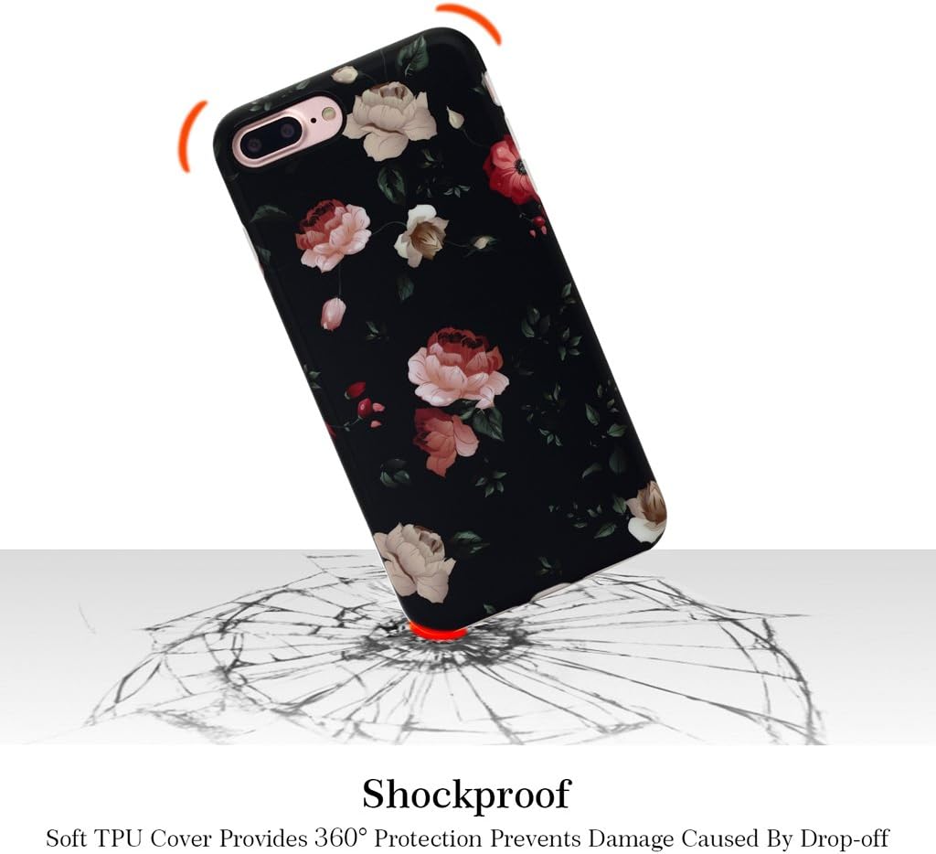 NASOUSA iPhone 7 Plus for Girls,Floral case,IMD Printing Slim-Fit Ultra-Thin Anti-Scratch Shock Proof Dust Proof Anti-Finger Print TPU Case for iPhone 8 Plus(5.5 inch)(Black Rose)