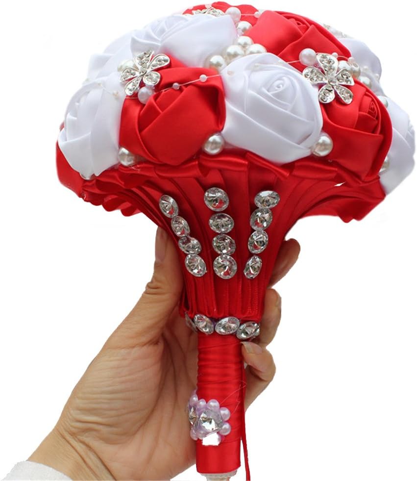USIX Handcraft Popular Satin Rose Rhinestone Brooch Flower Pearl Bridal Holding Wedding Bouquet Wedding Flower Arrangements Bridesmaid Bouquet(Ivory)