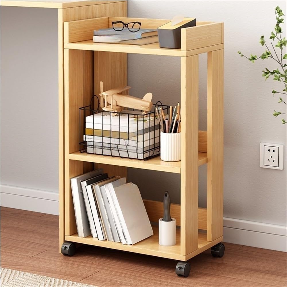 Bookcase with 3 Layers, Standing Storage Cabinet, Open Bookshelf, Height Adjustable, Universal Wheels, Removable Storage Rack, Durable Design