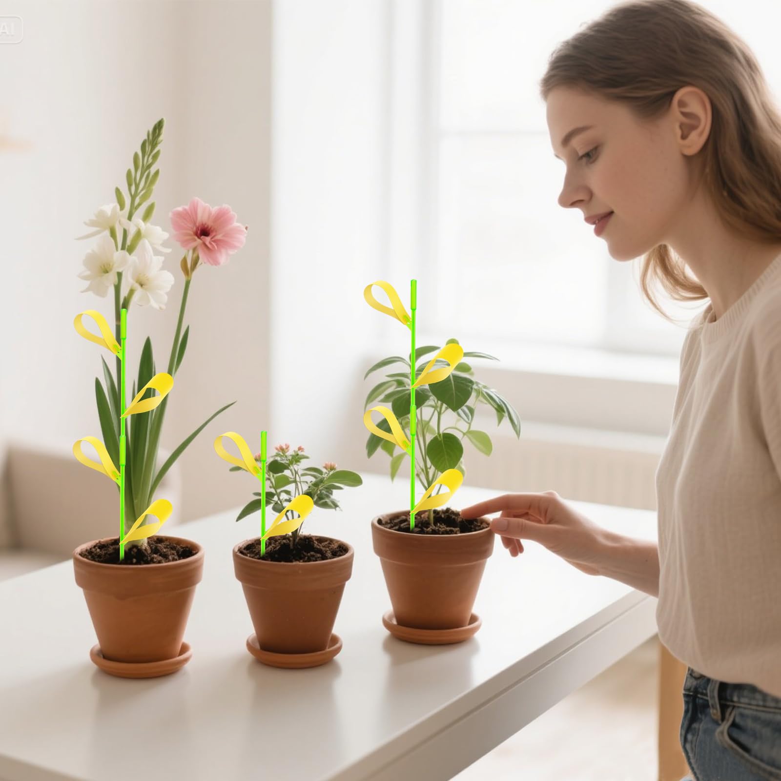 Trampas adhesivas para plantas, 100 trampas adhesivas amarillas para mosquitos de plantas en interiores y exteriores, mata mosquitos de moscas blancas, 15 soportes para estacas incluidos