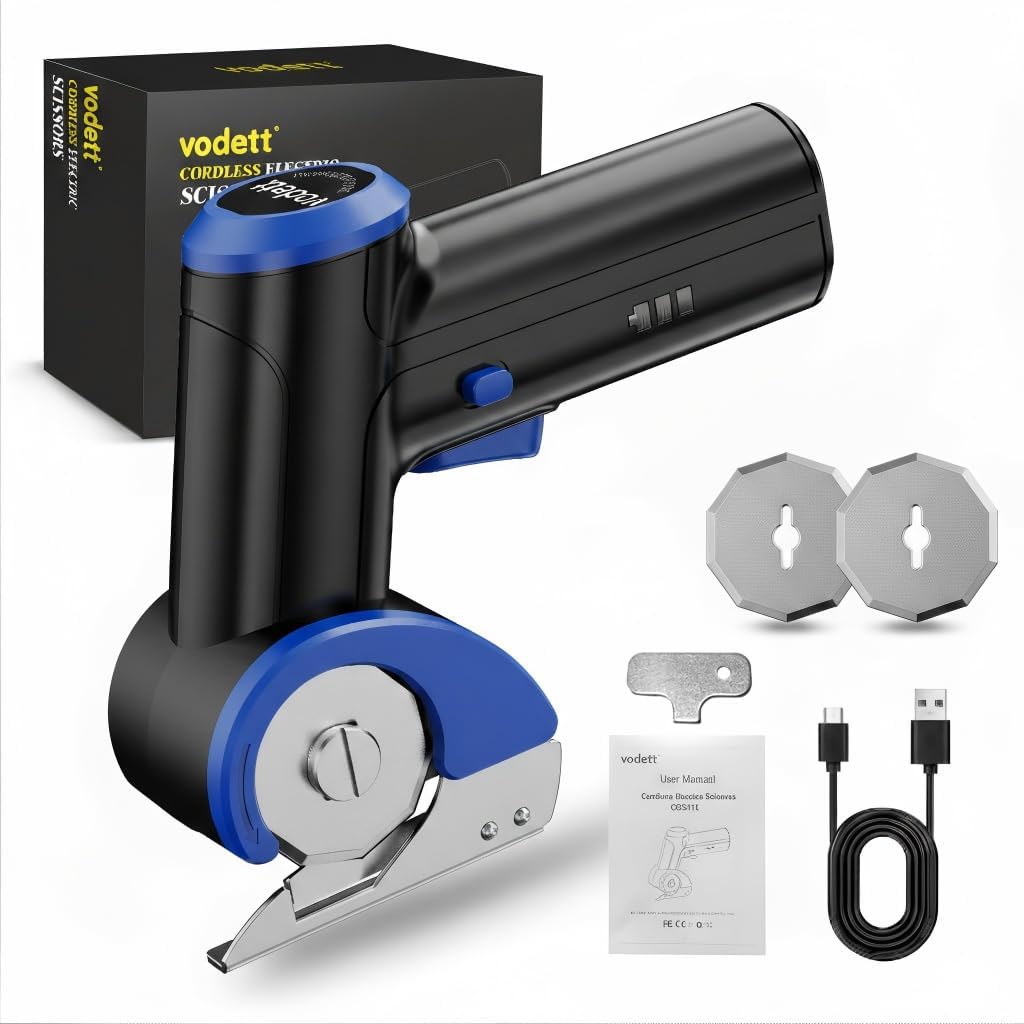 4V Cordless Electric Scissors, Rechargeable Cardboard Cutter with 2000mAh Battery, Safety Lock & 2 Blades – Gift for DIY Crafts, Fabric, Leather Projects (Blue)