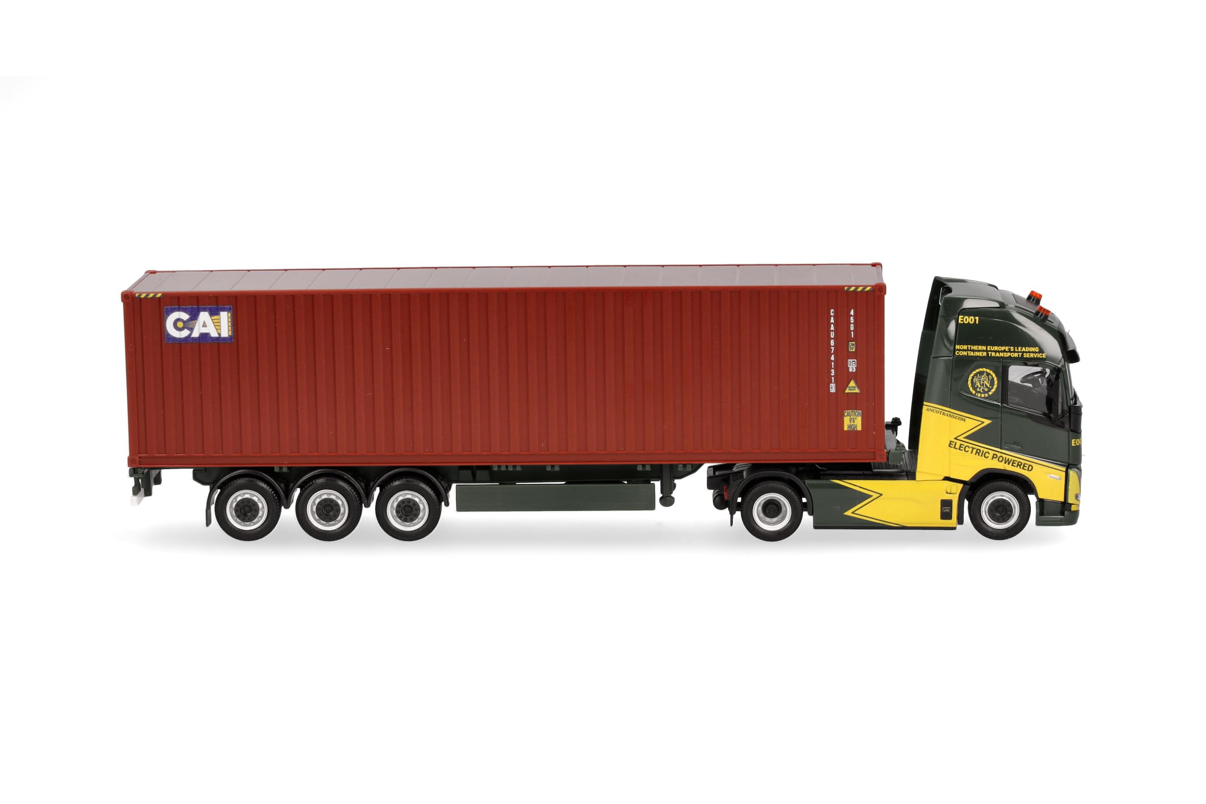 Herpa model ciężarówki Volvo FH GL XL Electric naczepa kontenerowa 40ft "Ancotrans/CAI", miniatura w skali 1:87, model kolekcjonerski, wyprodukowano w Niemczech, tworzywo sztuczne