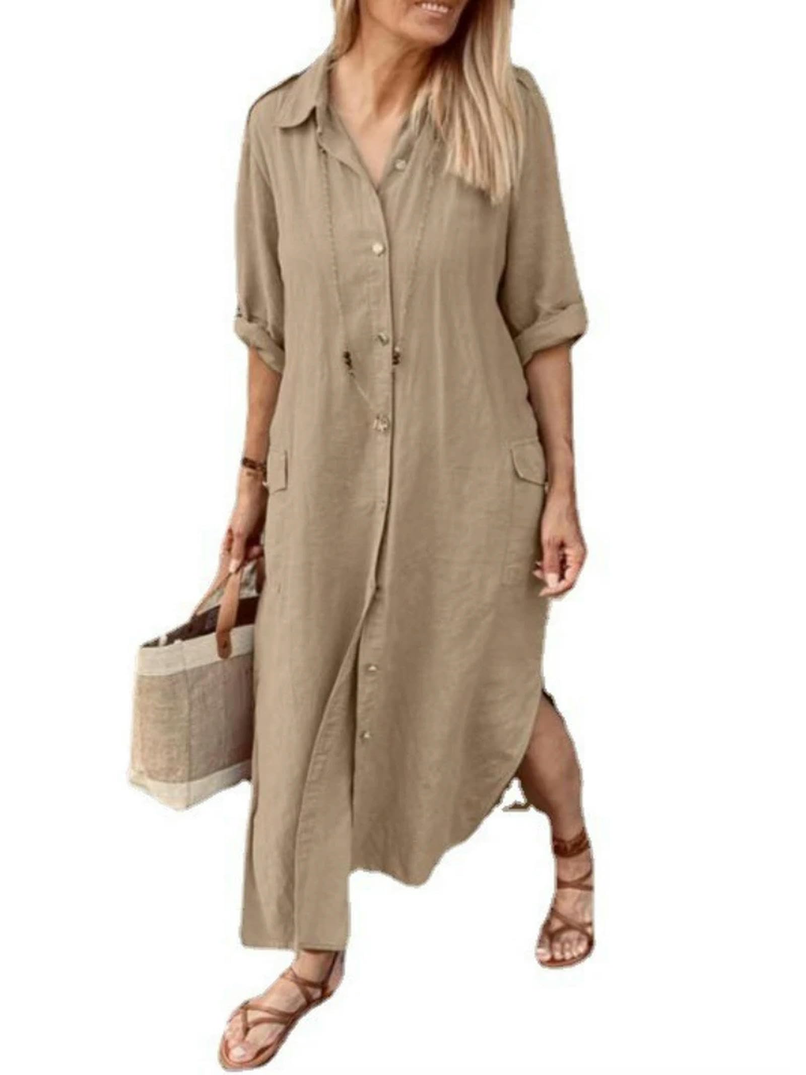 Vestido Largo de algodón y cáñamo para Mujer, Camisa Holgada de un Solo Pecho de algodón y cáñamo, Vestido Informal de Color sólido, otoño