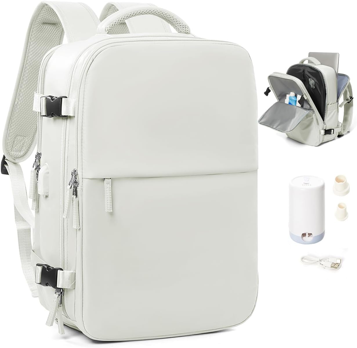 Vacuum Seal Compression Travel Backpack for Women Men Air Vacpack Travel Vacuum Bags with Pump Laptop Backpack with Shoe Compartment Carry On Suitcase Luggage Flight Approved White
